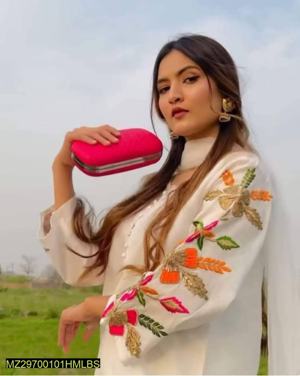 Elrgant White Katan Embroidered Suit - 3 Pcs set