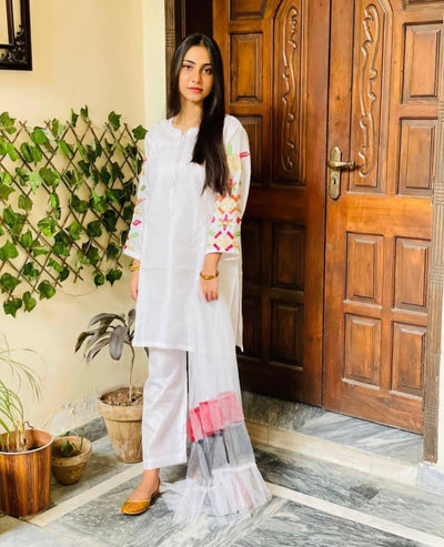 Elrgant White Katan Embroidered Suit - 3 Pcs set